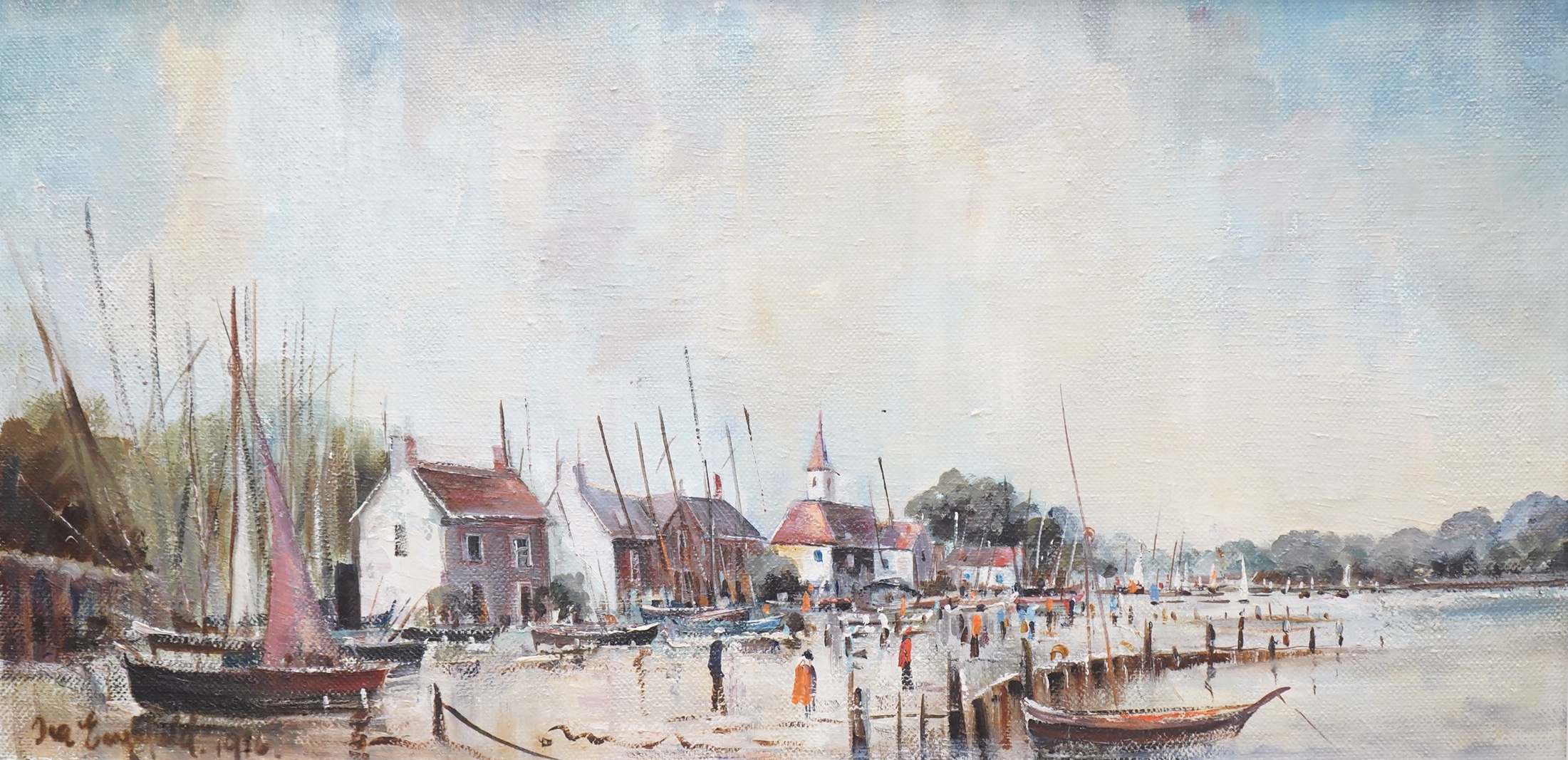 Ira Englefield (b.1912), Harbour view with moored fishing boats, signed and dated 1976, oil on canvas, 39 x 80cm